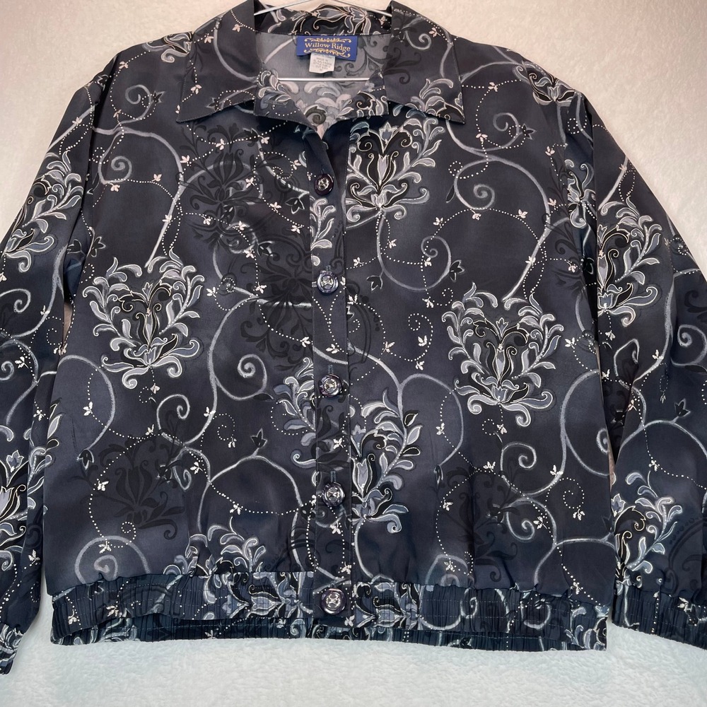 Willow Ridge Womens M Black Grey Damask‎ Pullover VTG Coastal Grandma Timeless